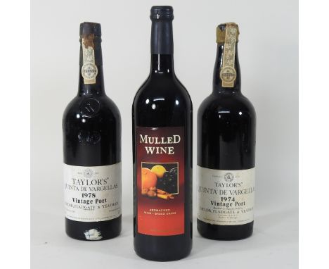 A bottle of Taylors port 1978 vintage, together with another dated 1974 and a bottle of mulled wine