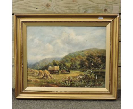 William Henry Waring, 1886-1928, harvest scene, signed, oil on canvas, 35 x 45cm, together with a 19th century tapestry, fram