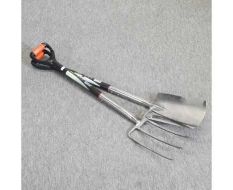 A stainless steel garden fork and spade set