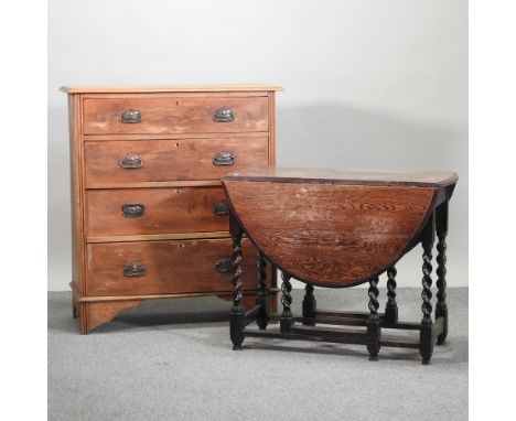 An Edwardian satin walnut chest of drawers, 92cm, together with a drop leaf table, a cutlery table, an Ercol trolley, a piano