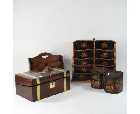 A 19th century mahogany and brass bound writing slope, 35cm, together with a painted wooden stationery shelf and other items