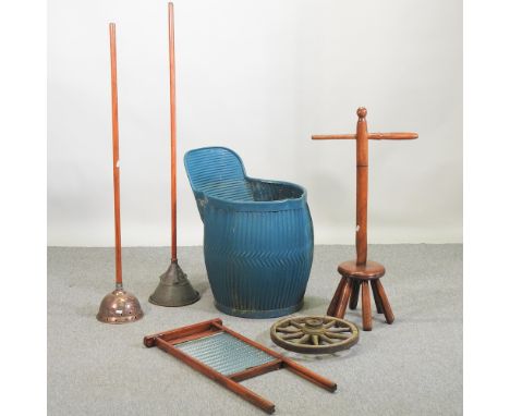 A collection of vintage laundry items, to include a blue tub, a wash dolly and board and a small ships wheel (6)