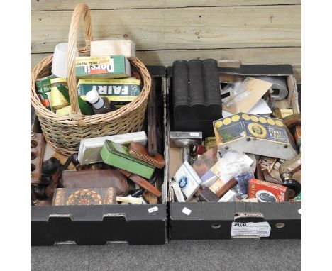 Two boxes of items to include a wood and brass mounted hand drill, viewfinder, vintage food models and pipes