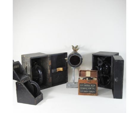 A searchlight, bearing a label for Francis Searchlights, Bolton, together with another, boxed, a light on stand and two boxes
