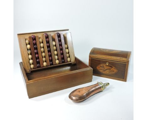 A George III inlaid dome top tea caddy, together with a walnut cased solitaire, a fire screen  and a 19th century copper powd