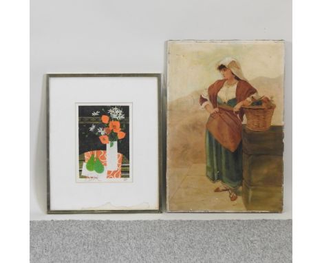 Neapolitan School, 20th century, portrait, 55 x 38cm, together with a lithograph of flowers (2)