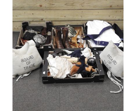 Four boxes of vintage clothing, to include a beaded evening bag, life jackets, handbags and shoe lasts