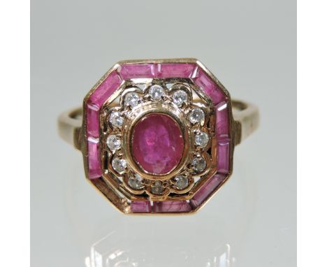 A 9 carat gold ruby and diamond ring