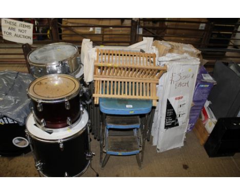 A step stool; a plate rack and folding garden chairs 
