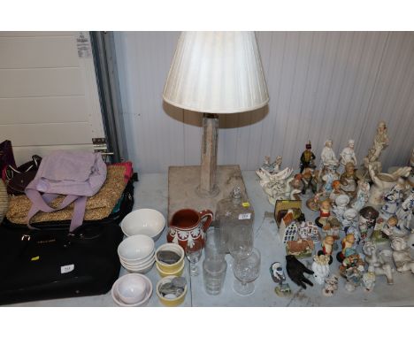 A collection of various glass ware, pottery, driftwood type table lamp etc.