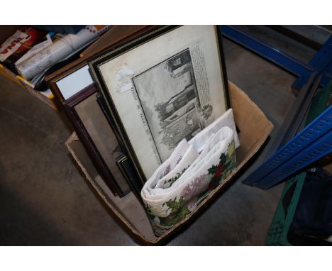 A box of antique prints, embroidered bell pull etc.