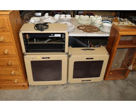 A Peavey Delta Blues 210 amplifier, an extension speaker and a rack mounted effects holder