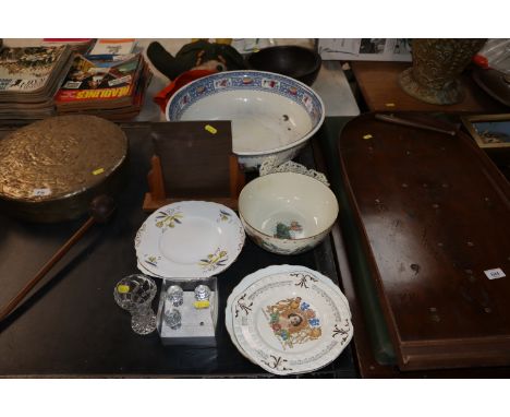 A Victorian toilet bowl, and Art Deco photograph frame, various porcelain items to include Royal commemorative plates etc.
