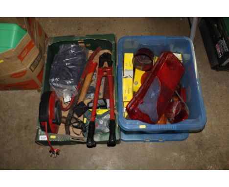 Two boxes containing bolt croppers, various tools, light covers and bulbs