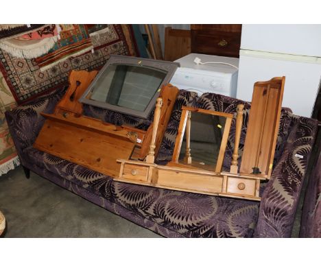 Various pine mirrors and a pine wall shelf