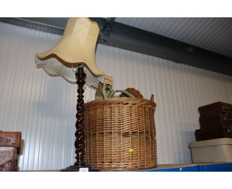 A barley twist column table lamp; a wicker log basket etc.