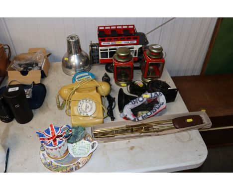 A pair of lanterns; a model of an omnibus; car horn; vintage telephone etc