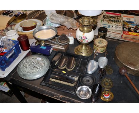 A collection of various items to include ebony dressing table ware, two sets of kitchen scales, a Roman style plaque, horse b