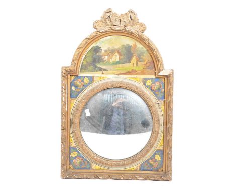 A 19th century longcase clock face converted to a convex mirror glass with gilded arched frame and surrounding. 