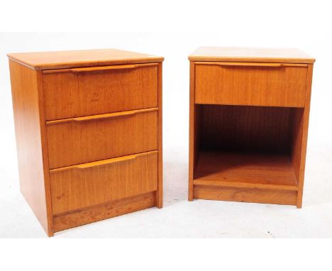 British Modern Design - Two mid 20th century teak bedside tables. One featuring a bank of three drawers to the front, with sh