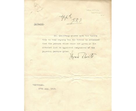 GEORGE V: (1865-1936) King of the United Kingdom 1910-36. Autograph Minute, Appd. G. R. I., at the head of a T.L.S. by Edward