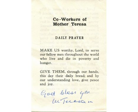 TERESA MOTHER: (1910-1997) Albanian Roman Catholic nun, Nobel Peace Prize winner, 1979. Printed poem signed, two pages, 12mo,