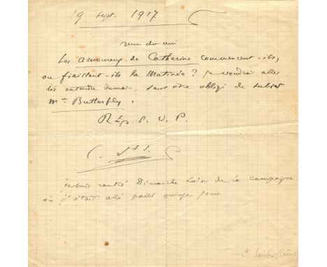 SAINT-SAENS CAMILLE: (1835-1921) French composer of the Romantic era. A.L.S., with his initials C. St. S., one page, 4to, n.p