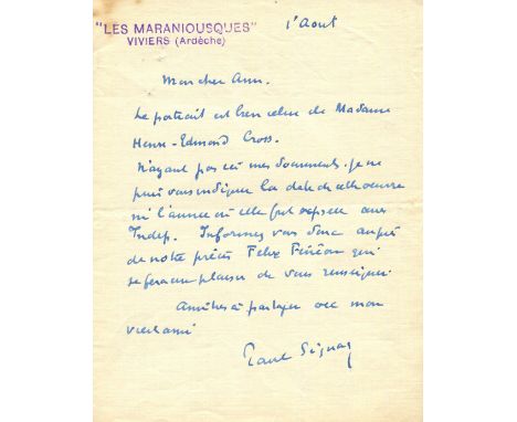 SIGNAC PAUL: (1863-1935) French Neo-Impressionist painter. A.L.S., Paul Signac, one page, 8vo, Les Maraniousques, Viviers, Ar