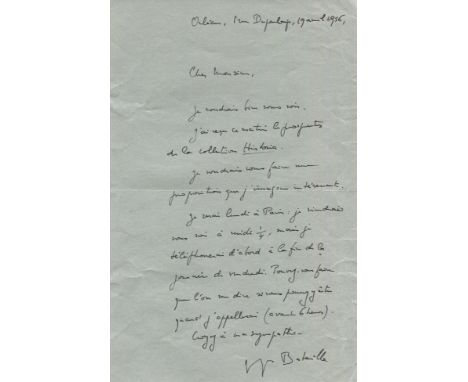 BATAILLE GEORGES: (1897-1962) French philosopher and intellectual. A.L.S., Georges Bataille, one page, 8vo, Orleans, 19th Apr