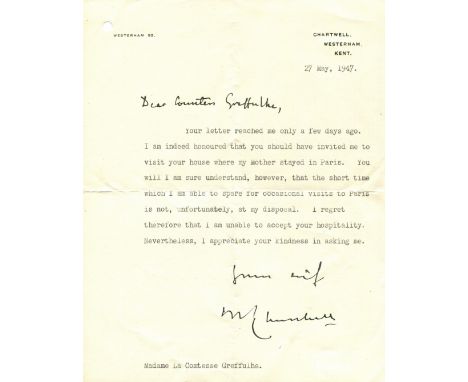 CHURCHILL WINSTON S.: (1874-1965) British Prime Minister 1940-45, 1951-55. Nobel Prize winner for Literature, 1953. T.L.S., W