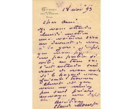 An attractive letter on Monet’s printed stationery from Giverny,  arranging a visit for his friend, the artist Jules Cheret M