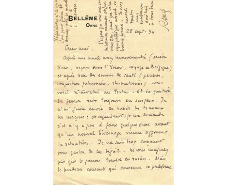 DU GARD ROGER MARTIN: (1881-1958) French novelist, Nobel Prize winner for Literature, 1937. A.L.S., with his initials R M G, 