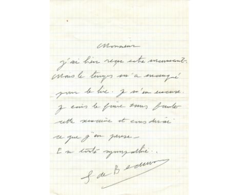 BEAUVOIR SIMONE DE: (1908-1986) French existentialist philosopher, writer, social theorist and feminist activist. A.L.S., S d