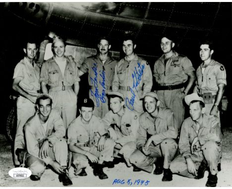 ENOLA GAY: Signed 10 x 8 photograph by two crew members of the Enola Gay, the Boeing B-29 Superfortress bomber aircraft which