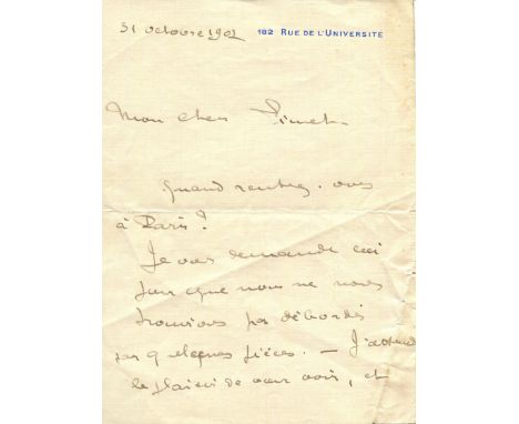 RODIN AUGUSTE: (1840-1917) French sculptor. L.S., Aug Rodin, two pages, 8vo, Rue de l'Universite (Paris), 31st October 1902, 