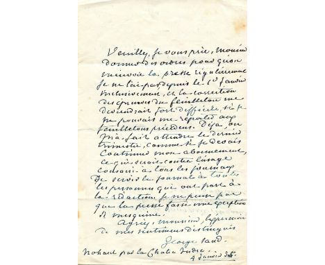SAND GEORGE: (1804-1876) French novelist, memoirist and journalist. A.L.S., George Sand, one page, 8vo, Nohant, 4th January 1