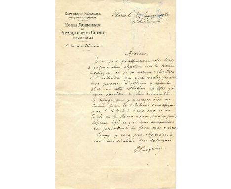 LANGEVIN PAUL: (1872-1946) French physicist. A.L.S., P Langevin, one page, 8vo, Rue Vauquelin, Paris, 12th January 1934, to a