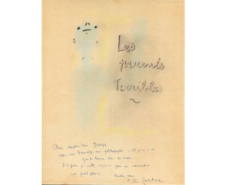 COCTEAU JEAN: (1889-1963) French poet, playwright, novelist, artist, filmmaker and critic. A good original colour drawing sig