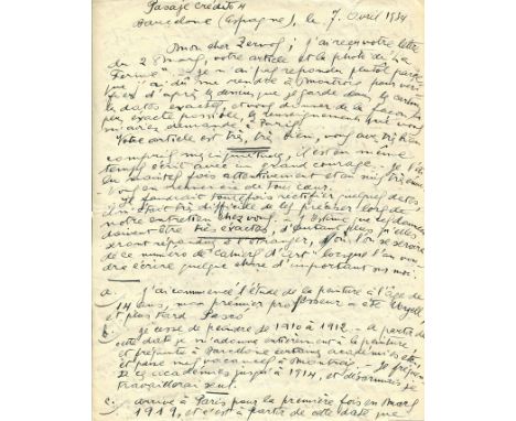 MIRO JOAN: (1893-1983) Spanish painter. An excellent, lengthy and early A.L.S., Miro, three pages, 4to, Barcelona, 7th April 