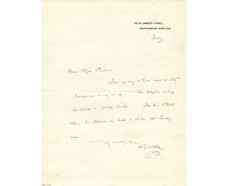 WELLS H. G.: (1866-1946) English writer, remembered for his science fiction novels. A.L.S., H. G. Wells, one page, 4to, St. J