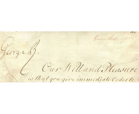 GEORGE II: (1683-1760) King of Great Britain and Ireland 1727-60. Ink signature ('George R', as King) on a slim oblong 8vo pi
