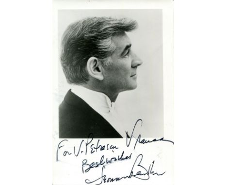 BERNSTEIN LEONARD: (1918-1990) American conductor and composer. Signed and inscribed 3.5 x 5.5 photograph of Bernstein in a p