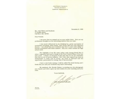 GALBRAITH JOHN KENNETH: (1908-2006) Canadian-American economist, diplomat and intellectual. T.L.S., J. K. Galbraith, one page