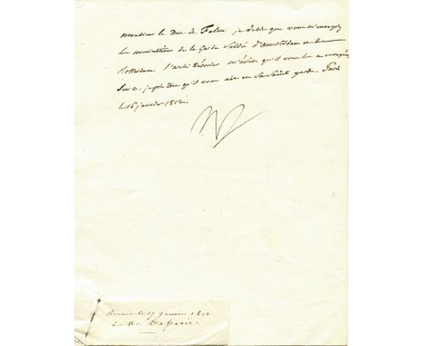 NAPOLEON I: (1769-1821) Emperor of the French 1804-14, 1815. L.S., Np, one page, small 4to, Paris, 16th January 1812, to the 