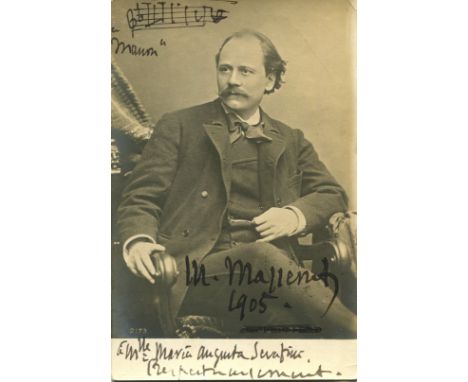 MASSENET JULES: (1842-1912) French composer. A good vintage signed and inscribed postcard photograph, incorporating a musical