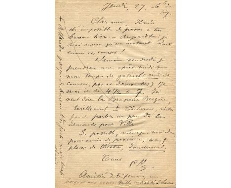 VERLAINE PAUL: (1844-1896) French poet. A.L.S., with his initials P V, one page, 8vo, n.p., 27th June n.y. ('Jeudi….du soir';