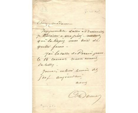 DUMAS ALEXANDRE: Pere (1802-1870) French novelist and playwright whose works include The Three Musketeers (1844). A.L.S., A D