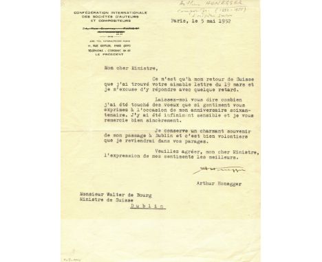 HONEGGER ARTHUR: (1892-1955) Swiss composer, a member of Les Six. T.L.S., A Honegger, one page, small 4to, Paris, 5th May 195