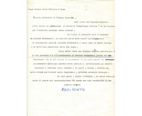 MORAVIA ALBERTO: (1907-1990) Italian novelist and journalist. T.L.S., Alberto Moravia, one page, 4to, Rome, n.d., to the edit