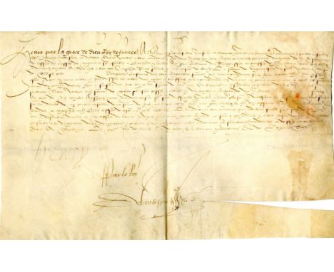 HENRY II: (1519-1559) King of France 1547-59. D.S., Henry, one page (vellum), oblong folio, Montargis, 20th February 1549, in